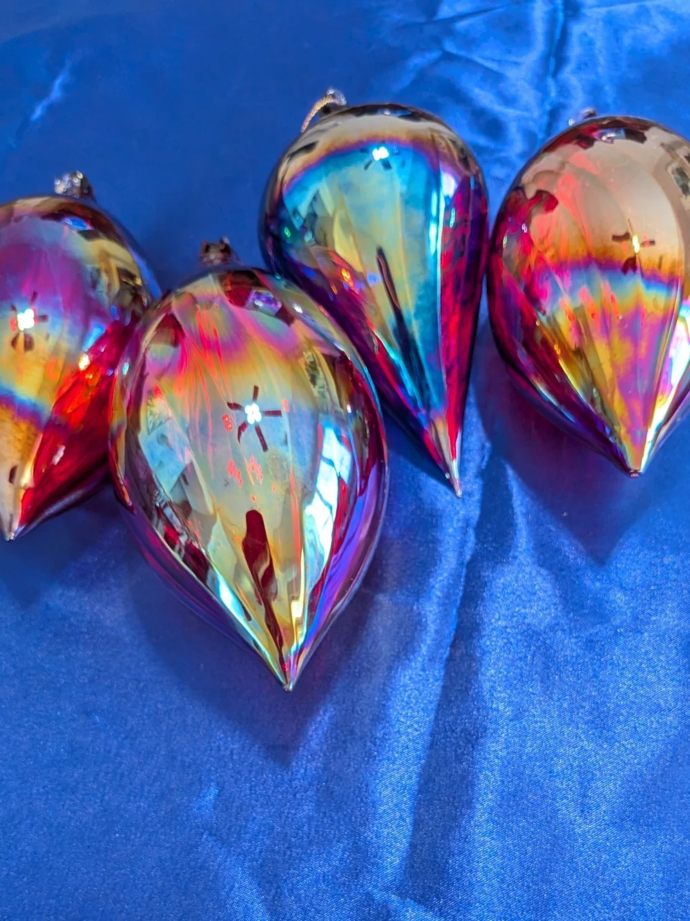 LG Iridescent Glass Teardrop Christmas Ornaments Set Of 4